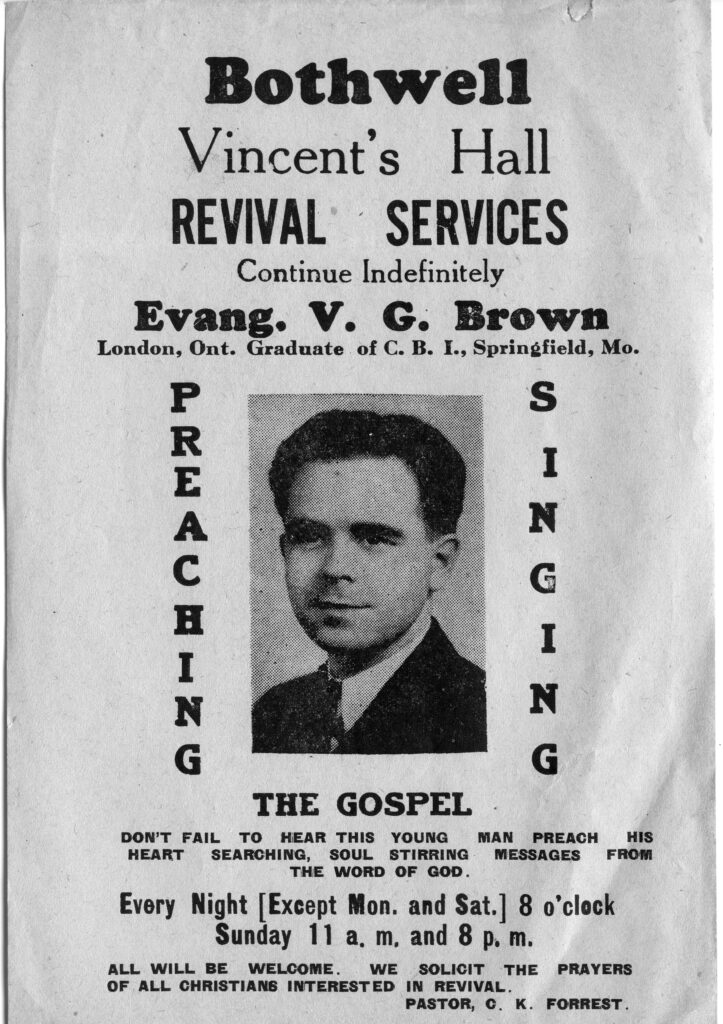 A poster offering nightly revival services in Bothwell, Ontario with Canadian Pentecostal evangelist V. G. Brown.